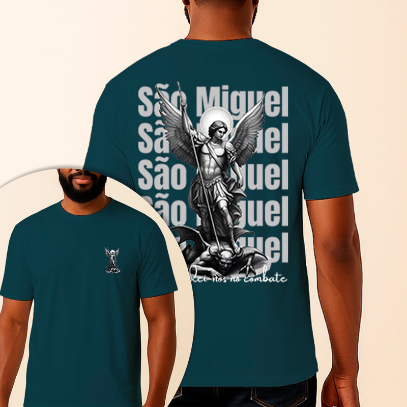 Camiseta Estampada São Miguel Defendei-nos no Combate 100% Algodão Premium Fio 30.1 Penteado Vest Sagrada