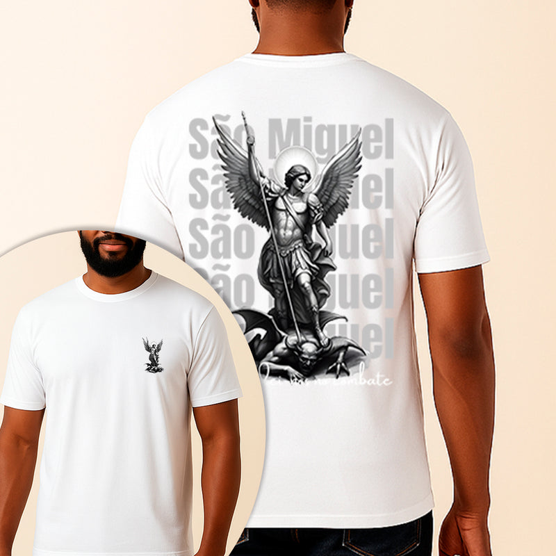 Camiseta Estampada São Miguel Defendei-nos no Combate 100% Algodão Premium Fio 30.1 Penteado Vest Sagrada