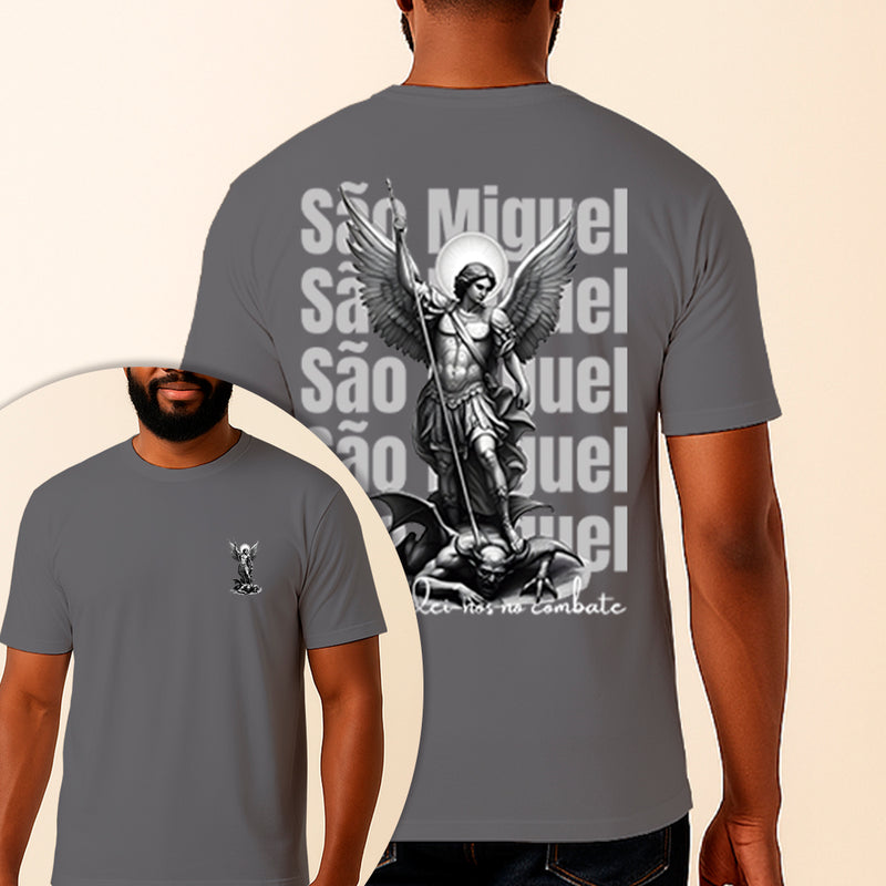 Camiseta Estampada São Miguel Defendei-nos no Combate 100% Algodão Premium Fio 30.1 Penteado Vest Sagrada