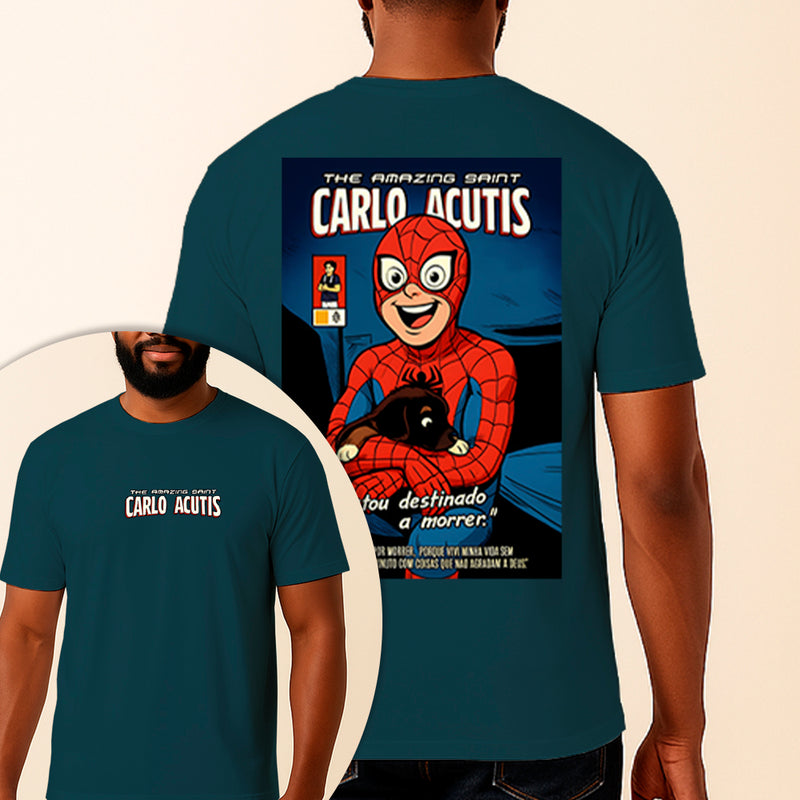 Camiseta Estampada São Carlo Acutis Homem Aranha 100% Algodão Premium Fio 30.1 Penteado Vest Sagrada