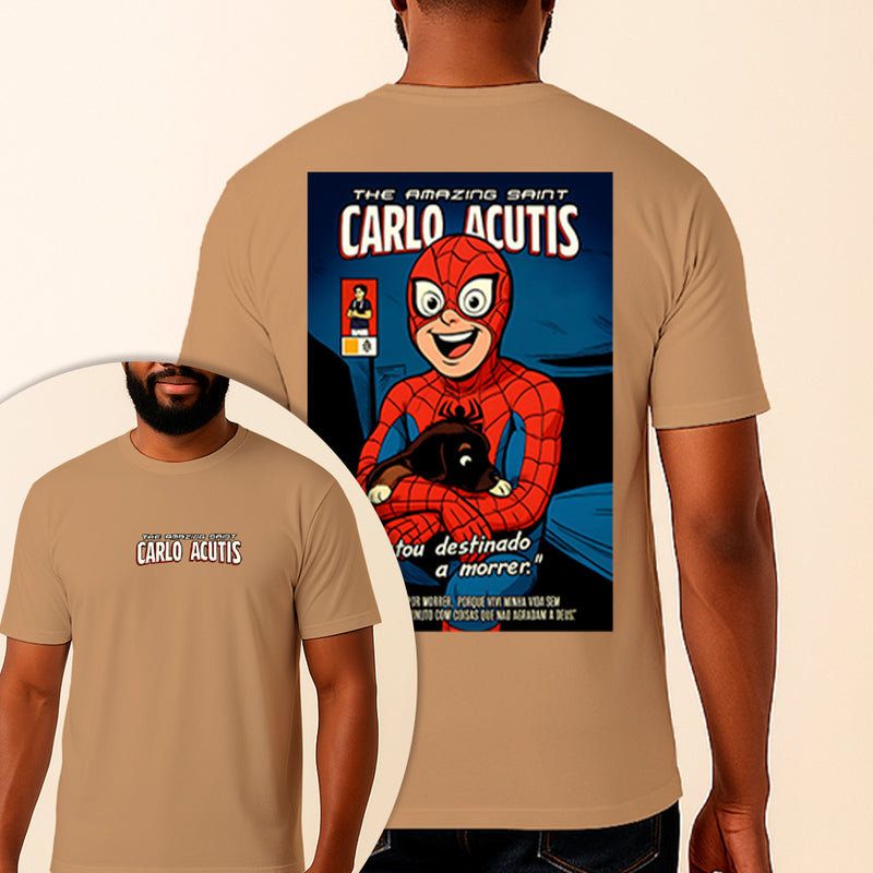 Camiseta Estampada São Carlo Acutis Homem Aranha 100% Algodão Premium Fio 30.1 Penteado Vest Sagrada