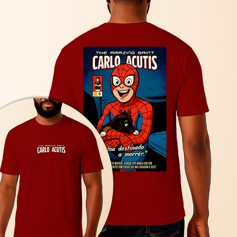 Camiseta Estampada São Carlo Acutis Homem Aranha 100% Algodão Premium Fio 30.1 Penteado Vest Sagrada