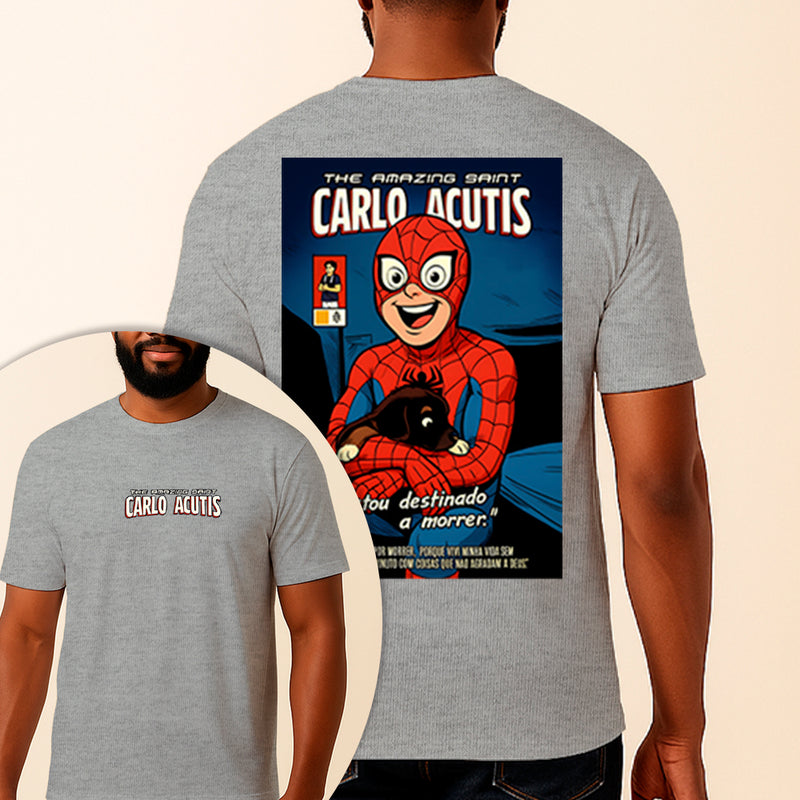 Camiseta Estampada São Carlo Acutis Homem Aranha 100% Algodão Premium Fio 30.1 Penteado Vest Sagrada
