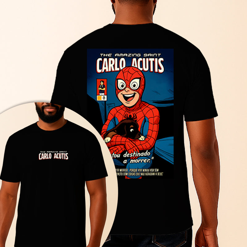 Camiseta Estampada São Carlo Acutis Homem Aranha 100% Algodão Premium Fio 30.1 Penteado Vest Sagrada