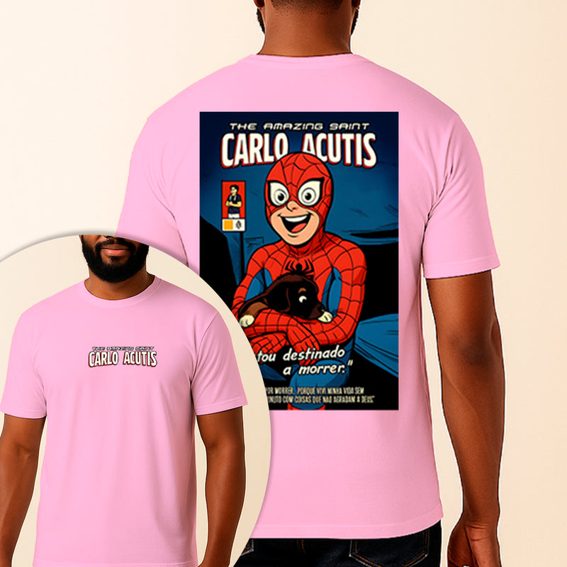 Camiseta Estampada São Carlo Acutis Homem Aranha 100% Algodão Premium Fio 30.1 Penteado Vest Sagrada