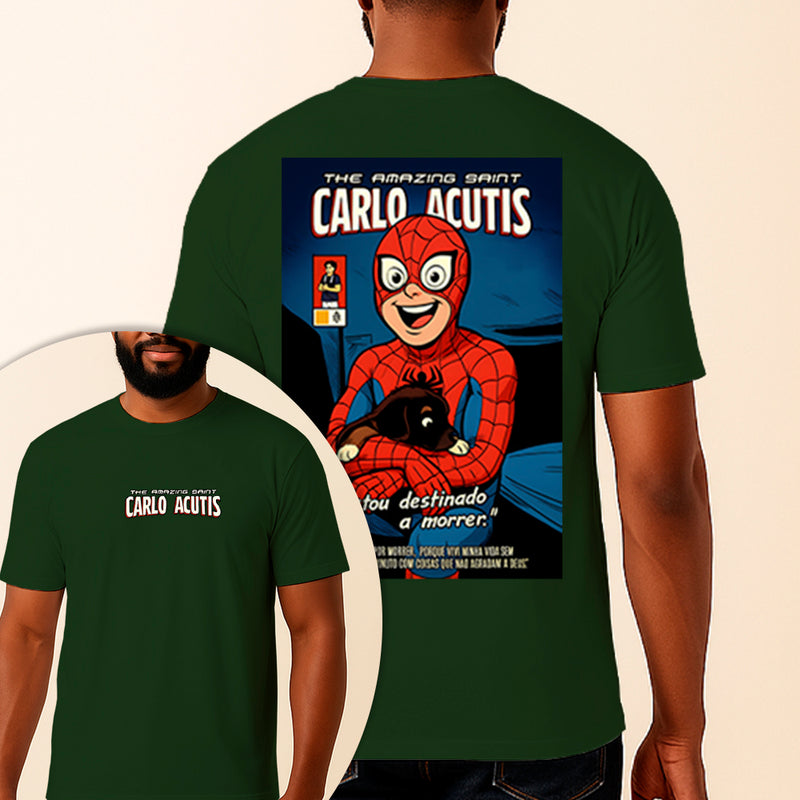 Camiseta Estampada São Carlo Acutis Homem Aranha 100% Algodão Premium Fio 30.1 Penteado Vest Sagrada