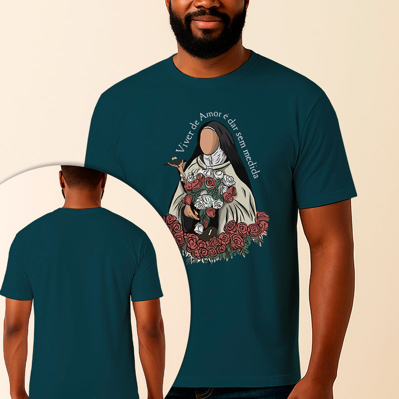 Camiseta Estampada Santa Teresinha Viver de Amor 100% Algodão Premium Fio 30.1 Penteado Vest Sagrada
