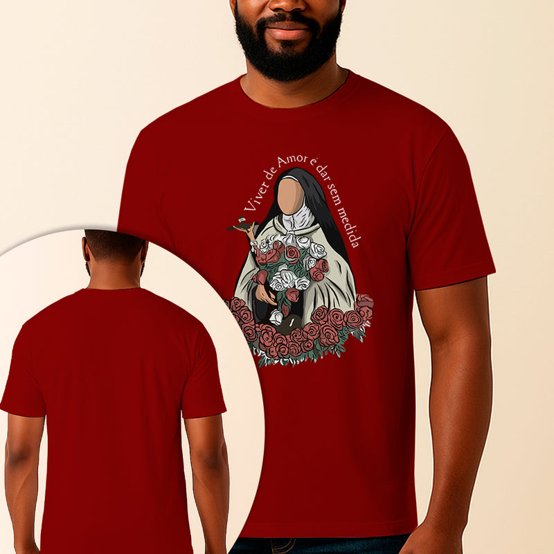 Camiseta Estampada Santa Teresinha Viver de Amor 100% Algodão Premium Fio 30.1 Penteado Vest Sagrada