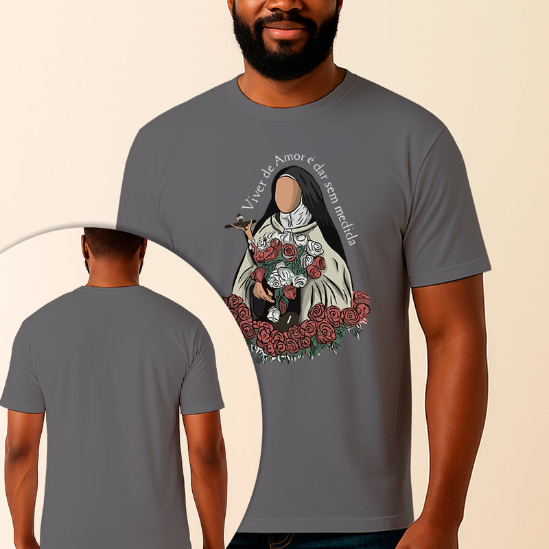 Camiseta Estampada Santa Teresinha Viver de Amor 100% Algodão Premium Fio 30.1 Penteado Vest Sagrada