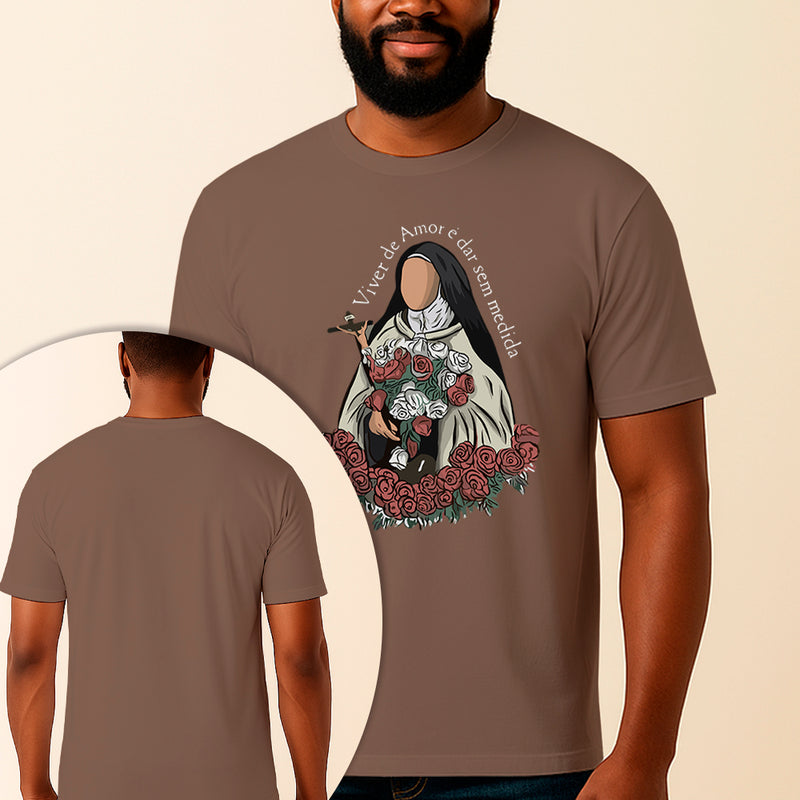 Camiseta Estampada Santa Teresinha Viver de Amor 100% Algodão Premium Fio 30.1 Penteado Vest Sagrada