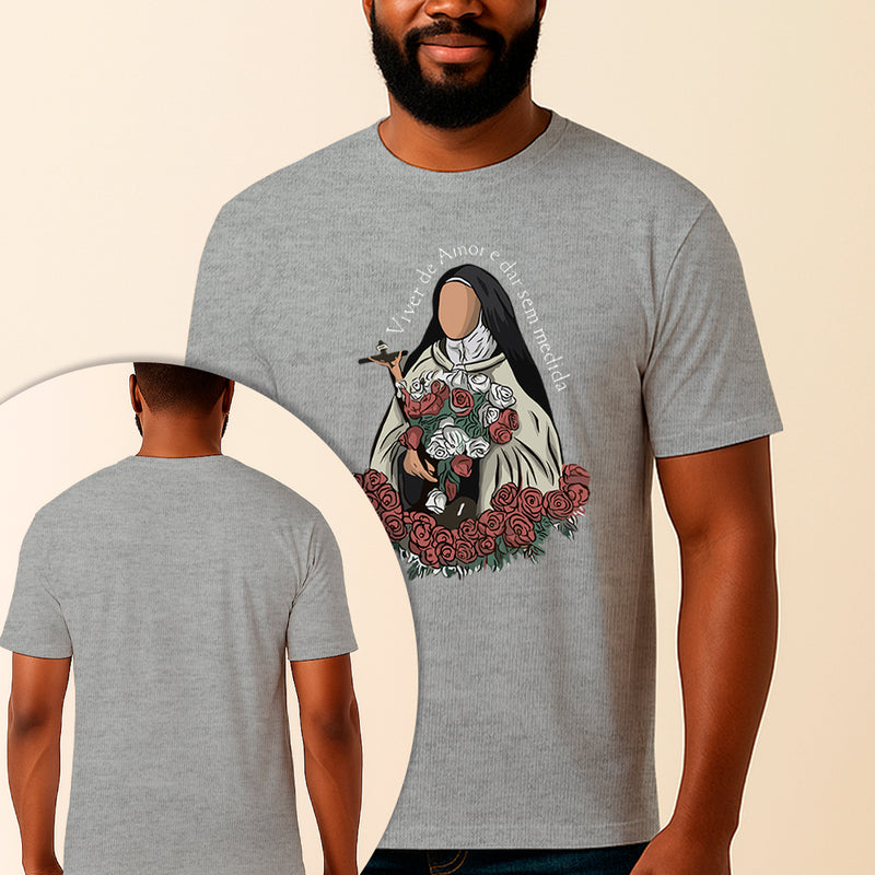 Camiseta Estampada Santa Teresinha Viver de Amor 100% Algodão Premium Fio 30.1 Penteado Vest Sagrada