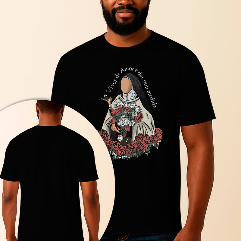 Camiseta Estampada Santa Teresinha Viver de Amor 100% Algodão Premium Fio 30.1 Penteado Vest Sagrada