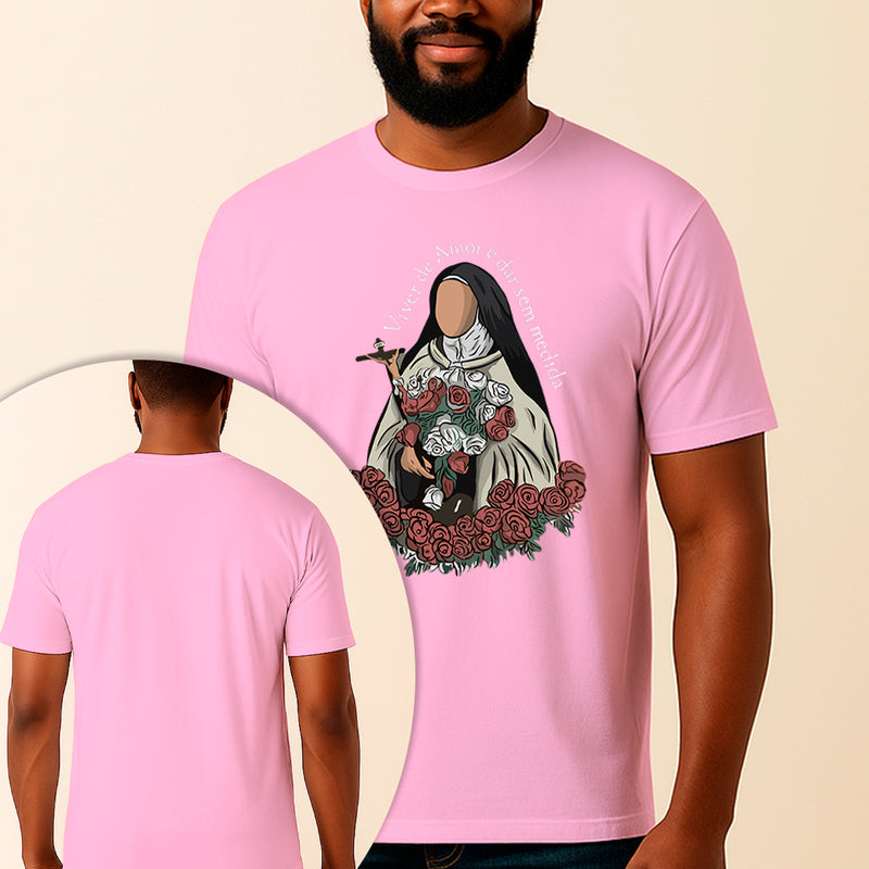 Camiseta Estampada Santa Teresinha Viver de Amor 100% Algodão Premium Fio 30.1 Penteado Vest Sagrada