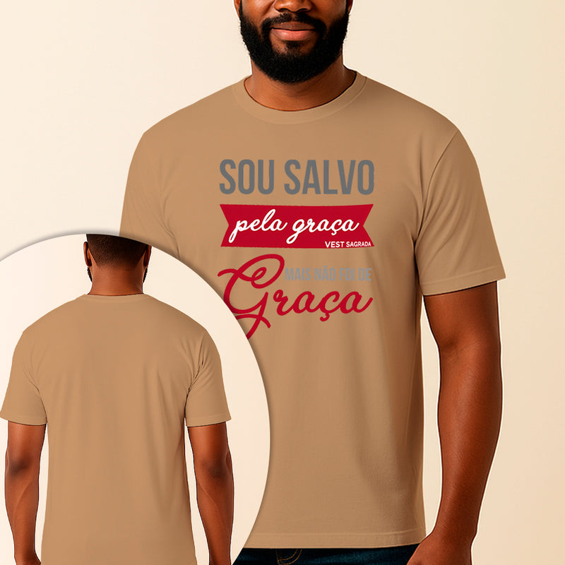 Camiseta Estampada Salvo Pela Graça 100% Algodão Premium Fio 30.1 Penteado Vest Sagrada
