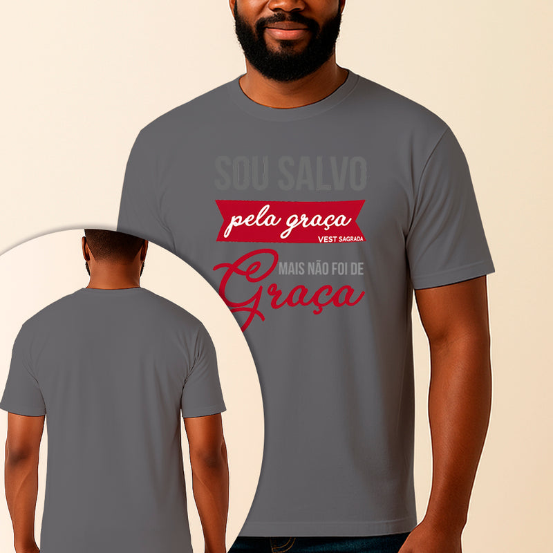 Camiseta Estampada Salvo Pela Graça 100% Algodão Premium Fio 30.1 Penteado Vest Sagrada