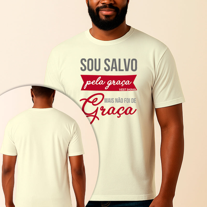 Camiseta Estampada Salvo Pela Graça 100% Algodão Premium Fio 30.1 Penteado Vest Sagrada