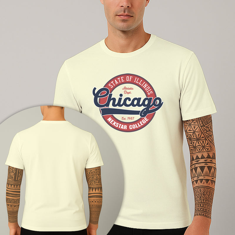 Camiseta Estampada Chicago College 100% Algodão Premium Fio 30.1 Penteado Nexstar
